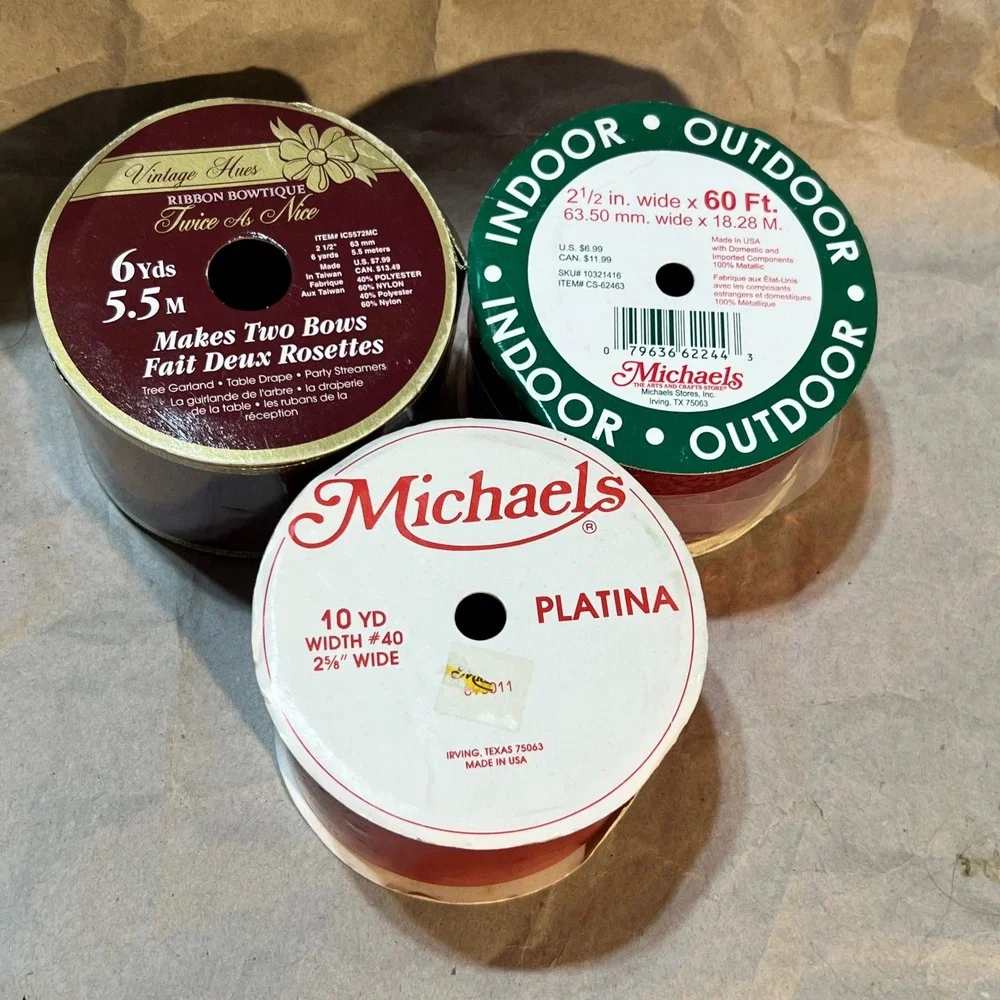 Michaels 3pc Ribbon Spools Red Burgundy Gold Holiday Crafting Gift Wrap 86ft